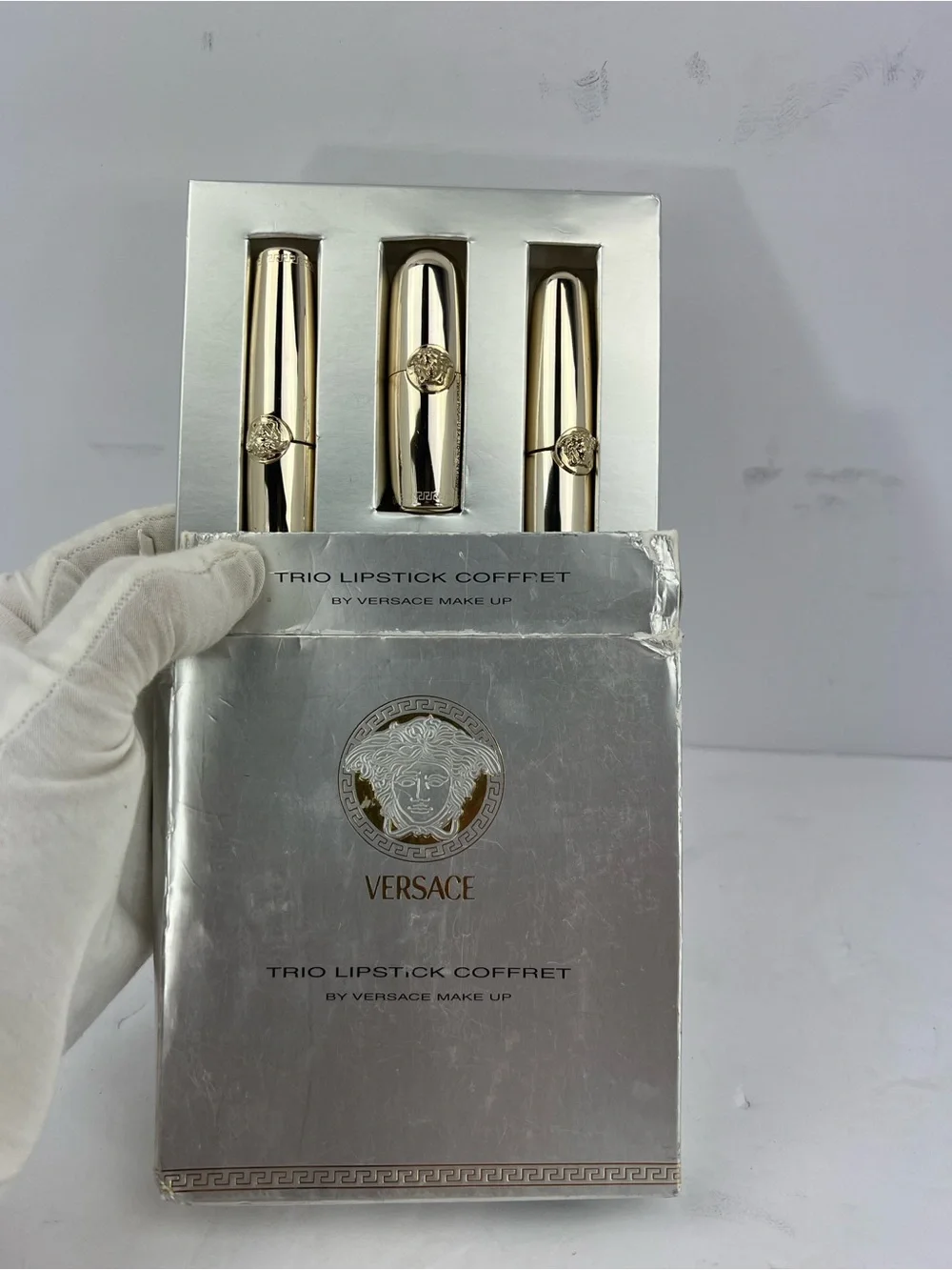 VERSACE TRÍO VINTAGE LIPSTICKS COFFRET SET WITH MEDUSA LOGO, IN GOLD COLOR